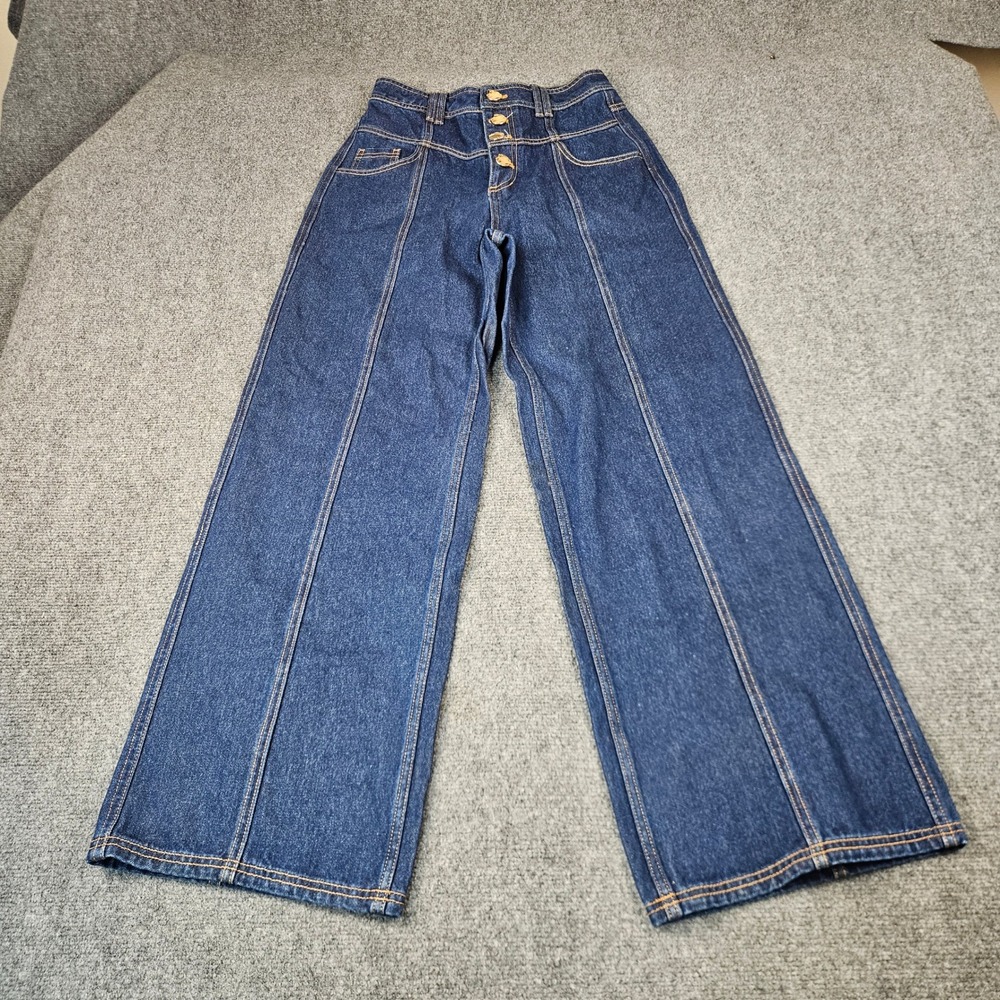 Commense Womens High Waisted Wide Leg Jeans Dark Wash Blue Seam Detail Size S